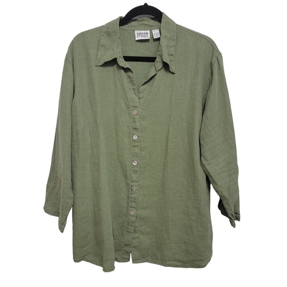Chico's Chicos Oversized Relaxed Blouse Green Linen Size XL Coastal